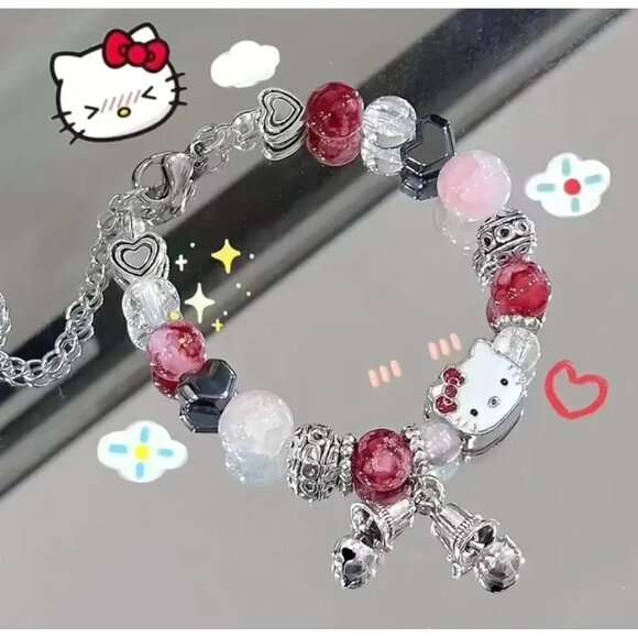Hello Kitty Jewelry - Hello Kitty Pink Beaded Adjustable Bracelet with Cat Bell Charm Jewelry Gift